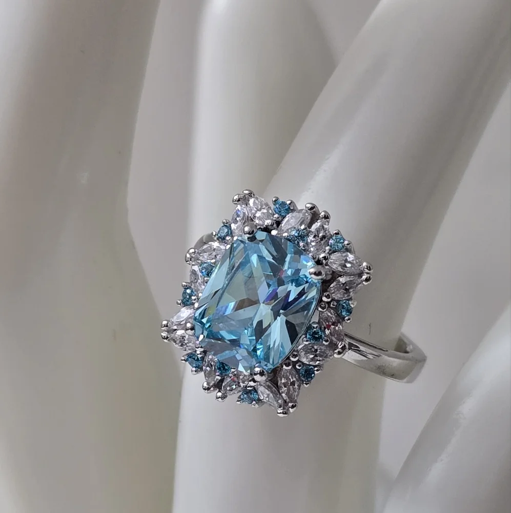 Sterling Silver 925 Blue Topaz Silver Halo Ring